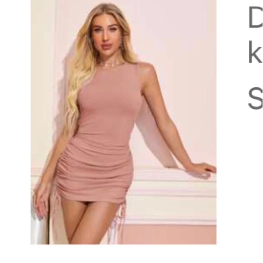 Pink Drawstring Ruched Side Bodycon Ribbed Dress - Picture 2 of 2